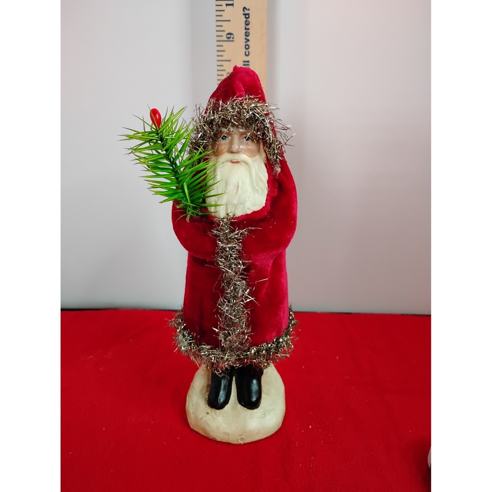 Vintage Red Velvet Santa Claus Figurine Silver Tinsel Trim Christmas Decor 8.5"